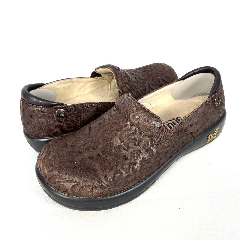 Alegria Keli Comfort Clogs Brown Floral Embossed Leather EU 36 US 6